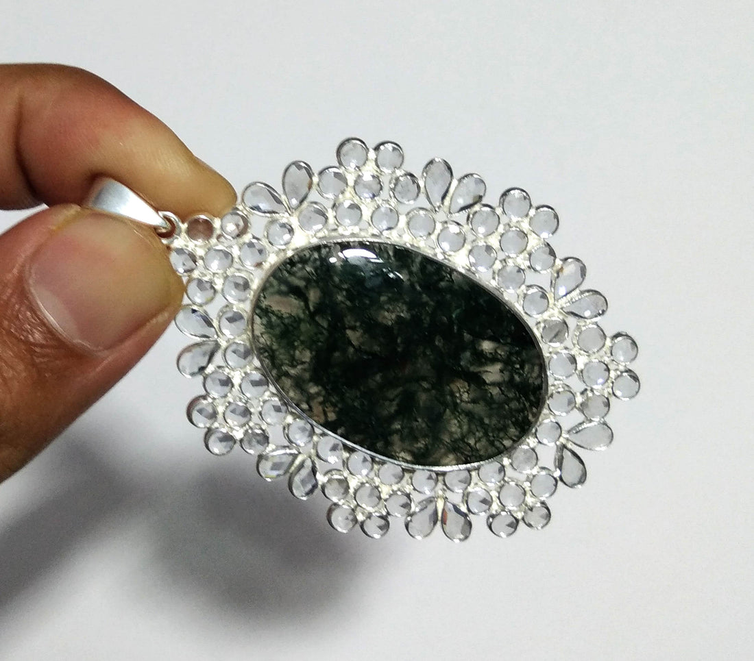 Natural Moss Agate, White Zircon Stone Pendant, Solid 925 Starling Silver Pendant, Stone Size 34x22mm Gift For Girls & Women Pendant Jewelry