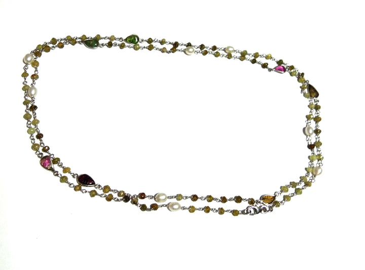 Natural Hessonite,Tourmaline Carving/Pearl Stone Chain Necklace, 925 Starling Silver Chain 44''Inches Gift Beads Chain Necklace Jewelry