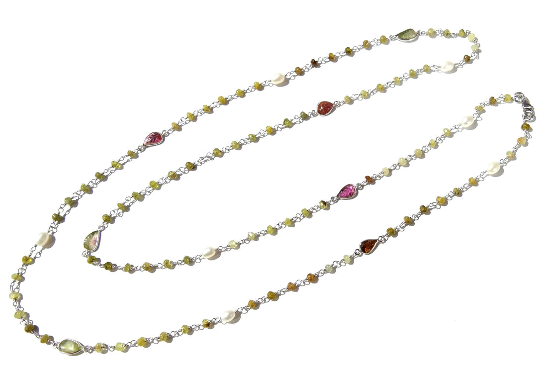 36'' Log Necklace ! Vessonite Necklace With Tourmaline & Pearl, 925 Sterling Silver Jewelry, Handmade Beaded Necklace, Gemstone Necklace.