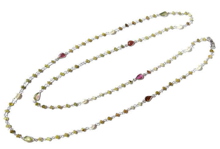 36'' Log Necklace ! Vessonite Necklace With Tourmaline & Pearl, 925 Sterling Silver Jewelry, Handmade Beaded Necklace, Gemstone Necklace.