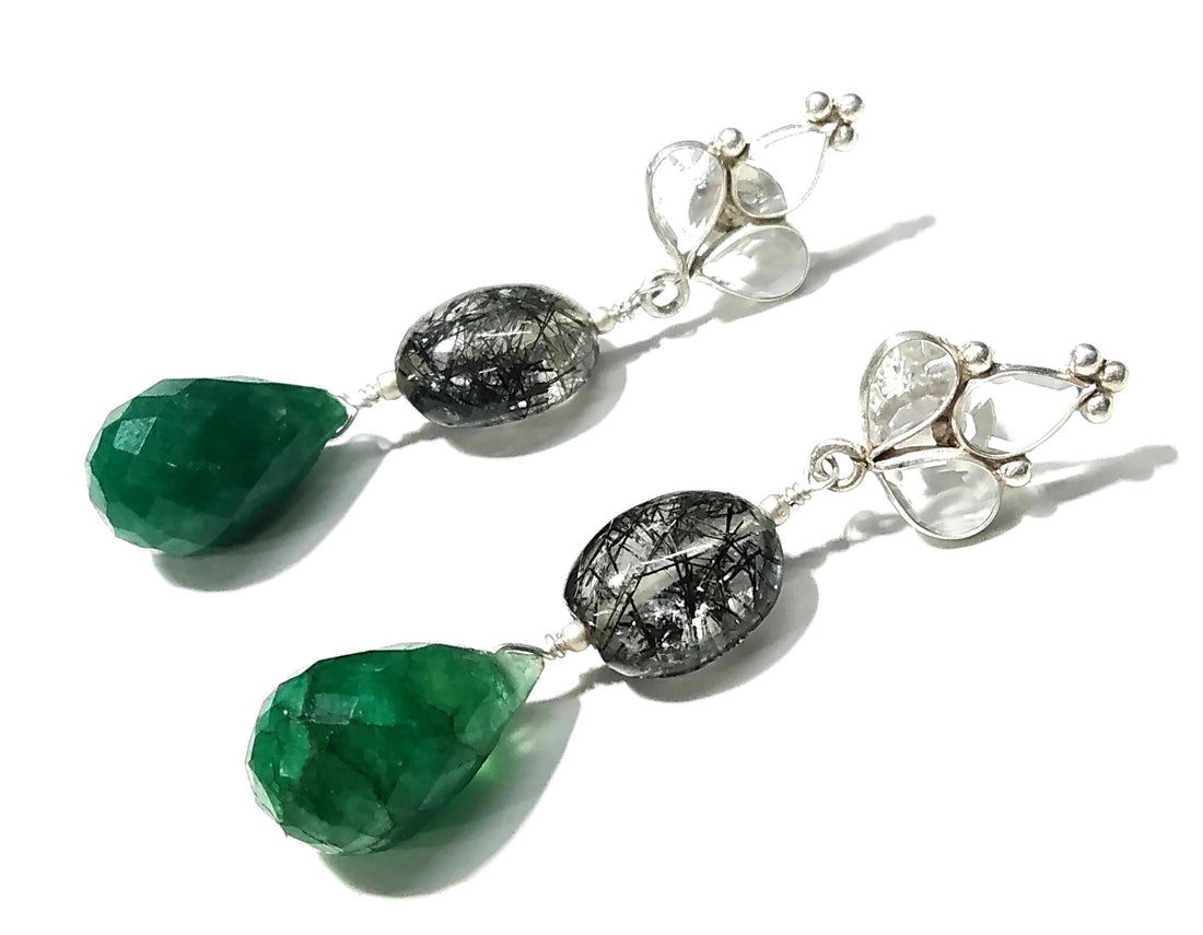 Beautiful Rutile Quartz/Zircon And Green Jade Gemstone Earrings ! 925 Silver With Natural Gemstone Zircon Faceted & Rutile Quartz Earrings