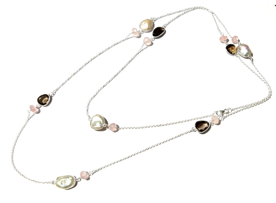 Very Beautiful Log Necklace ! Natural Gemstone Smoky Quartz, Rose Quartz & Pearl Log Beaded Necklace With 925 Starling Silver Length 40 inch