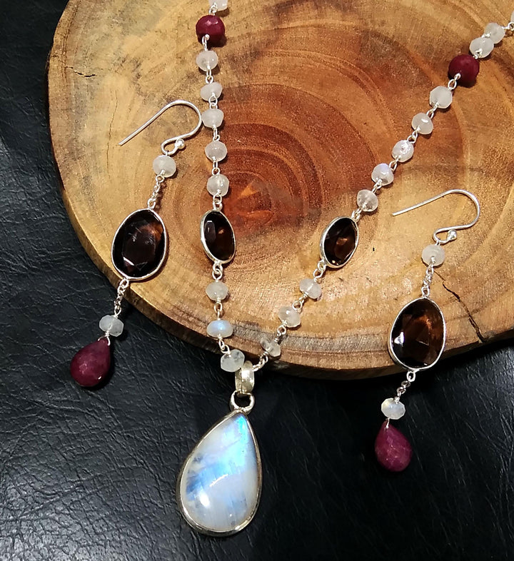 Rainbow Moonstone & Smoky Quartz Necklace Earring Jewelry Set, 925 Sterling Silver Necklace Amazing Quality Rainbow Moonstone Gift For Women
