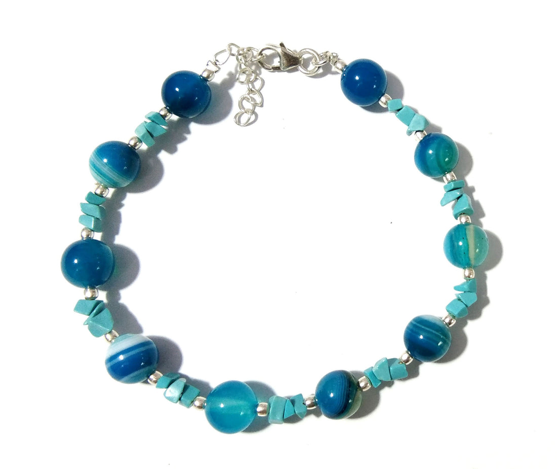 Blue Lace Agate & Turquoise Healing Crystal Beaded Bracelet, Natural Gemstone With 925 Silver Jewelry, Bridesmaid Gift, Friendship Bracelet