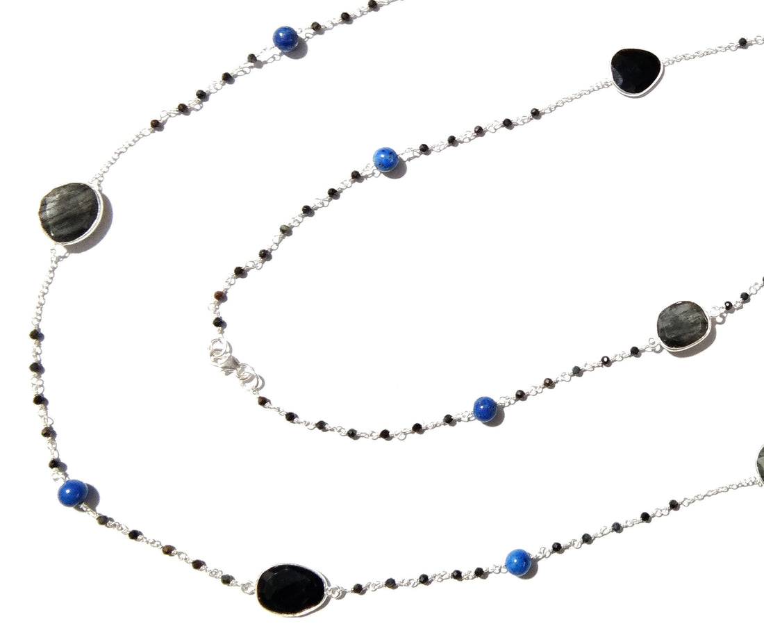 44'' Log Necklace ! Black Rutile Necklace With Lapis Lazuli & Black Onyx, 925 Sterling Silver Jewelry, Handmade Beaded Necklace.