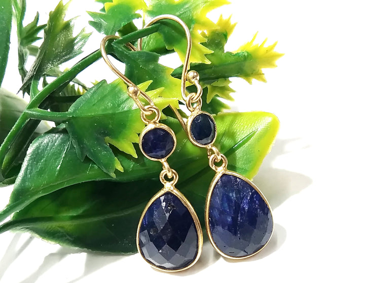 Natural Blue Sapphire Stone Earring, 925 Solid Starling Silver With Gold Plated Earring, Sapphire Stone Size 13x10 mm Gift Birthday Earring
