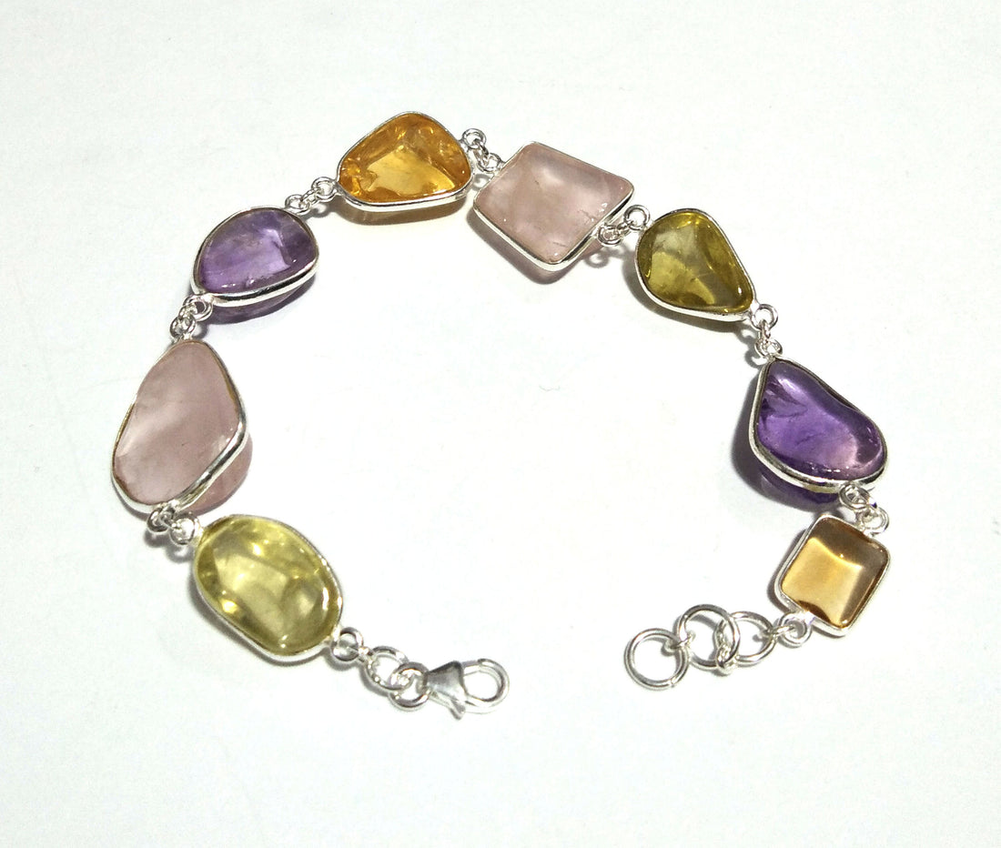 Natural Amethyst/Rose Quartz/Lemon Quartz Tumbled Stone Bracelet, 925 Sterling Silver Bracelet, 8 inches Multi Color Stone Wedding Bracelet