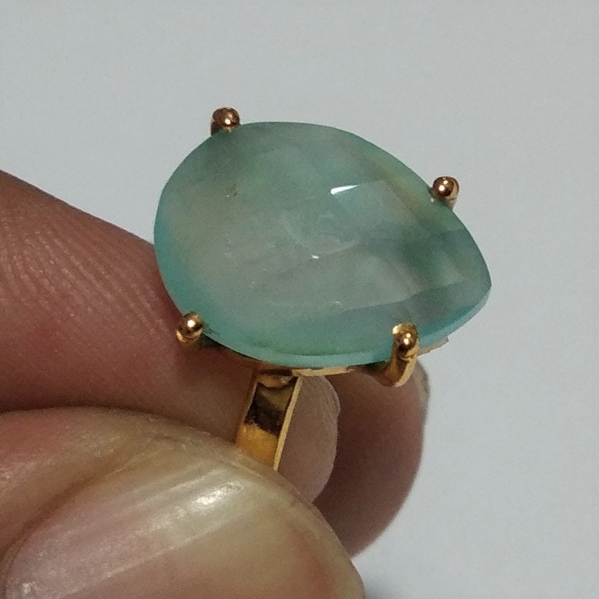 Natural Aqua Chalcedony Gemstone Ring, 925 Sterling 18k Gold Plated Silver Ring, Chalcedony Stone Size 14x10 mm Handmade Mother day Ring