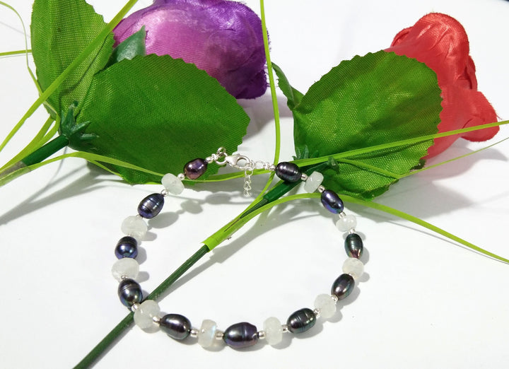 Rainbow Moonstone & Grey Pearl Adjustable Bracelets, Natural Gemstone With 925 Silver Jewelry, Wedding Bracelet, Bridesmaid Gift For Women