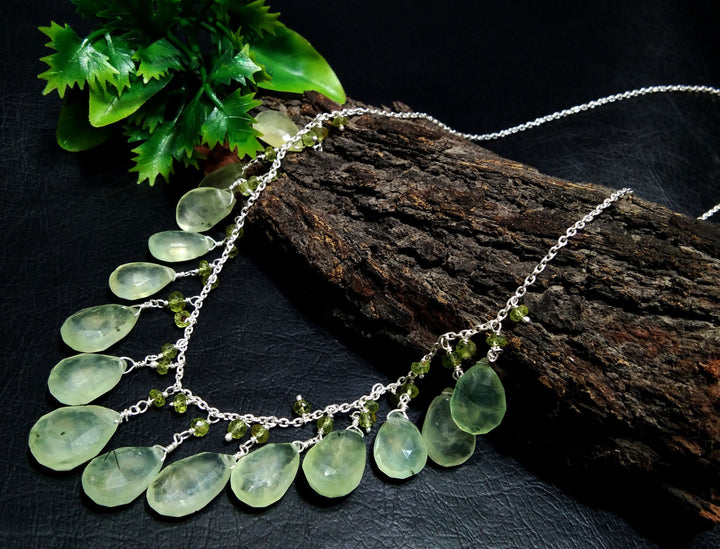 Natural Prehnite Drop's Gemstone Chain Necklace Jewelry, 925 Starling Silver Chain Necklace, Prehnite Stone For Gift Necklace, Girls & Women