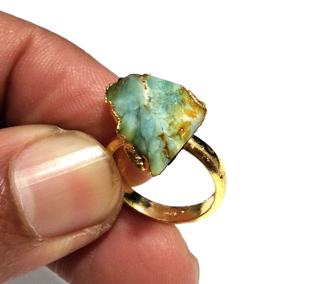 Natural Raw Larimar Rough Stone Ring, 925 Solid Sterling Silver Gold Plated Ring, Larimar Stone Size 12x13 mm Handmade Gift Statement Ring