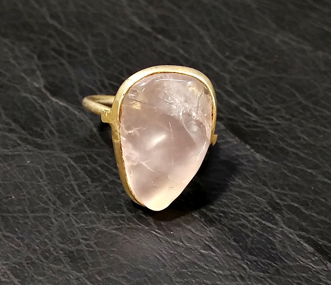 Rose Quartz  Gemstone Ring, 925 Sterling Silver Gold Plated Ring, Rose Quartz Stone Size 19x12mm Handmade Statement Gift Birthday Ring