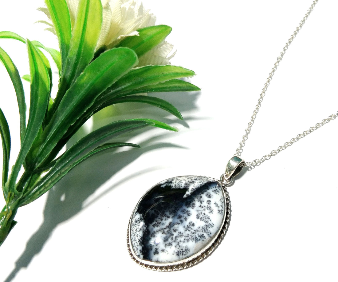 Natural Dendrite Opal Gemstone Pendant, 925 Solid Sterling Silver Design Pendant Chain, Fancy Shape For Gift Easter Pendant Jewelry