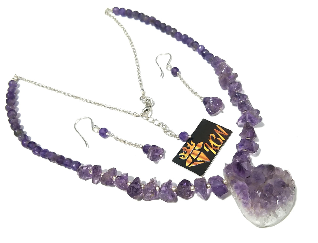 Amethyst Druzy Stone Rough Beads Necklace & Earrings Jewelry Set, 925 Sterling Silver Necklace Beaded Necklace Statement Jewelry