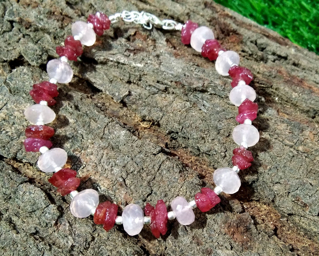 Natural Gemstone Ruby & Rose Quartz Bracelet, Healing Crystal Stone Beaded Bracelet, Bridesmaid Gift, Friendship Bracelet 925 Silver Jewelry