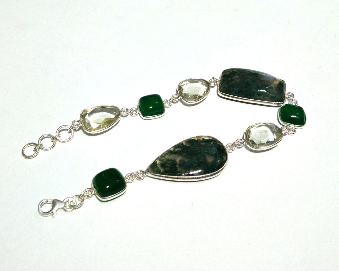 Natural Green Moss Agate/Green Onyx/Amethyst Gemstone Bracelet, 925 Sterling Silver Bracelet 8 inches Stone Size 25x15 mm to 9x9 mm Bracelet