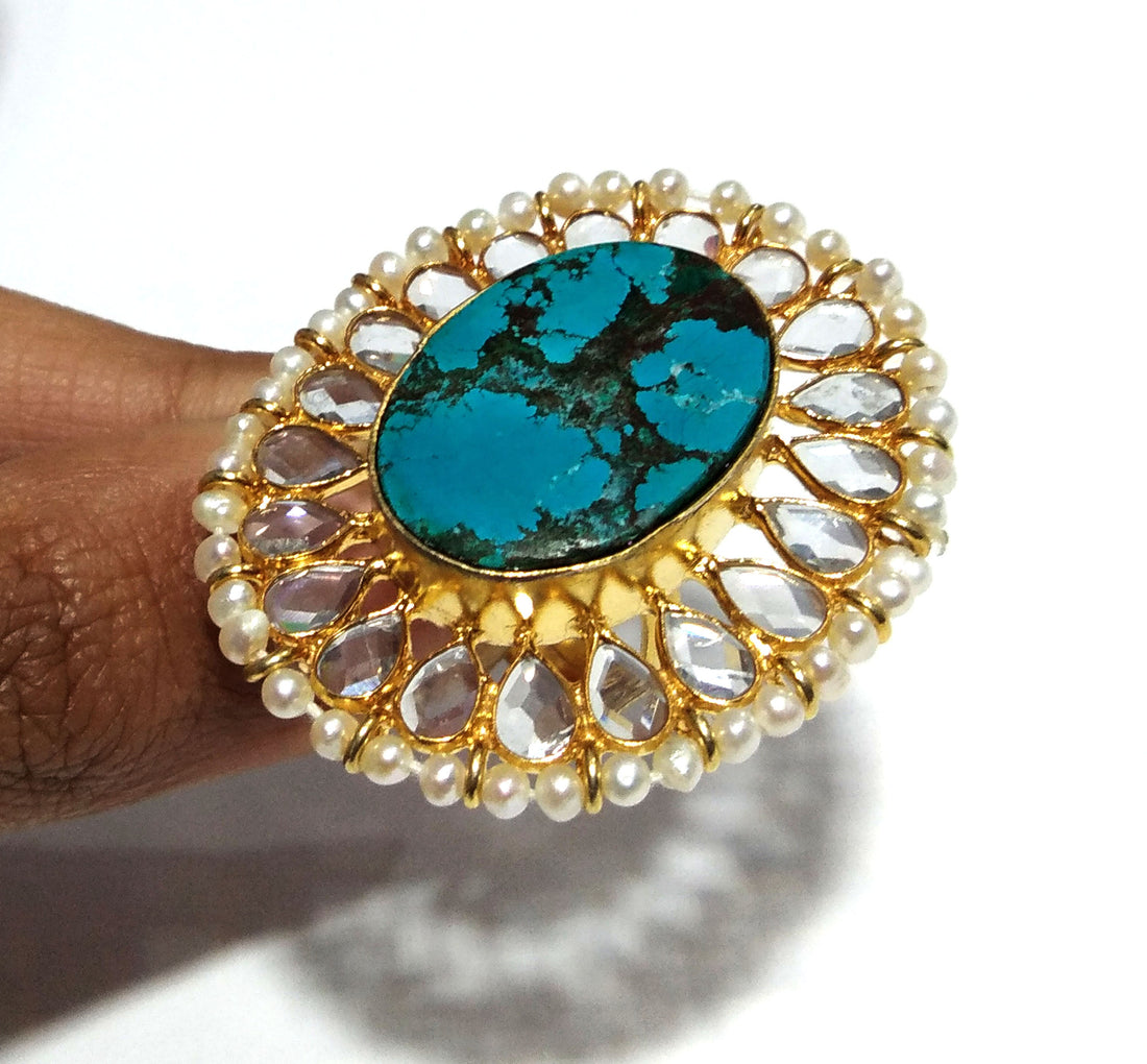 Natural Turquoise,Fresh Water Baroque Pearl,Zircon Stone Ring, 925 Solid Starling Silver Gold Plated Ring, Stone Size 24x17mm Handmade Ring