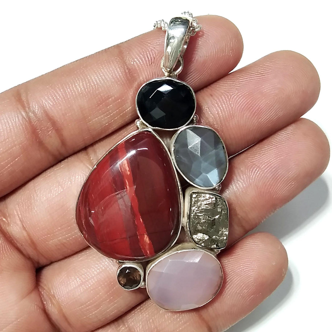 ALL Natural Gemstone Pendant, Red Jasper With Real Multi Stone Pendant, 925 Starling Silver Jewelry Pendant, Handmade Chain Necklace Pendant