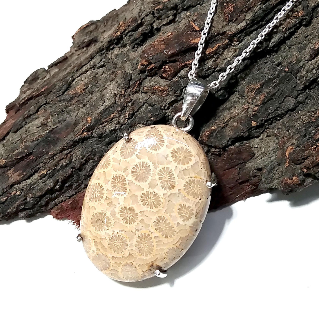 Natural Fossil Coral Gemstone Pendant, 925 Starling Silver Pendant Chain Necklace, Handmade Stone Size 32x23 mm Gift Birthstone Pendant