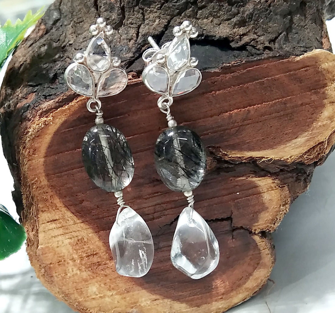 Rutile Quartz/Zircon And Crystal Gemstone Earrings ! 925 Silver With Natural Gemstone Zircon Faceted & Rutile Quartz Earring