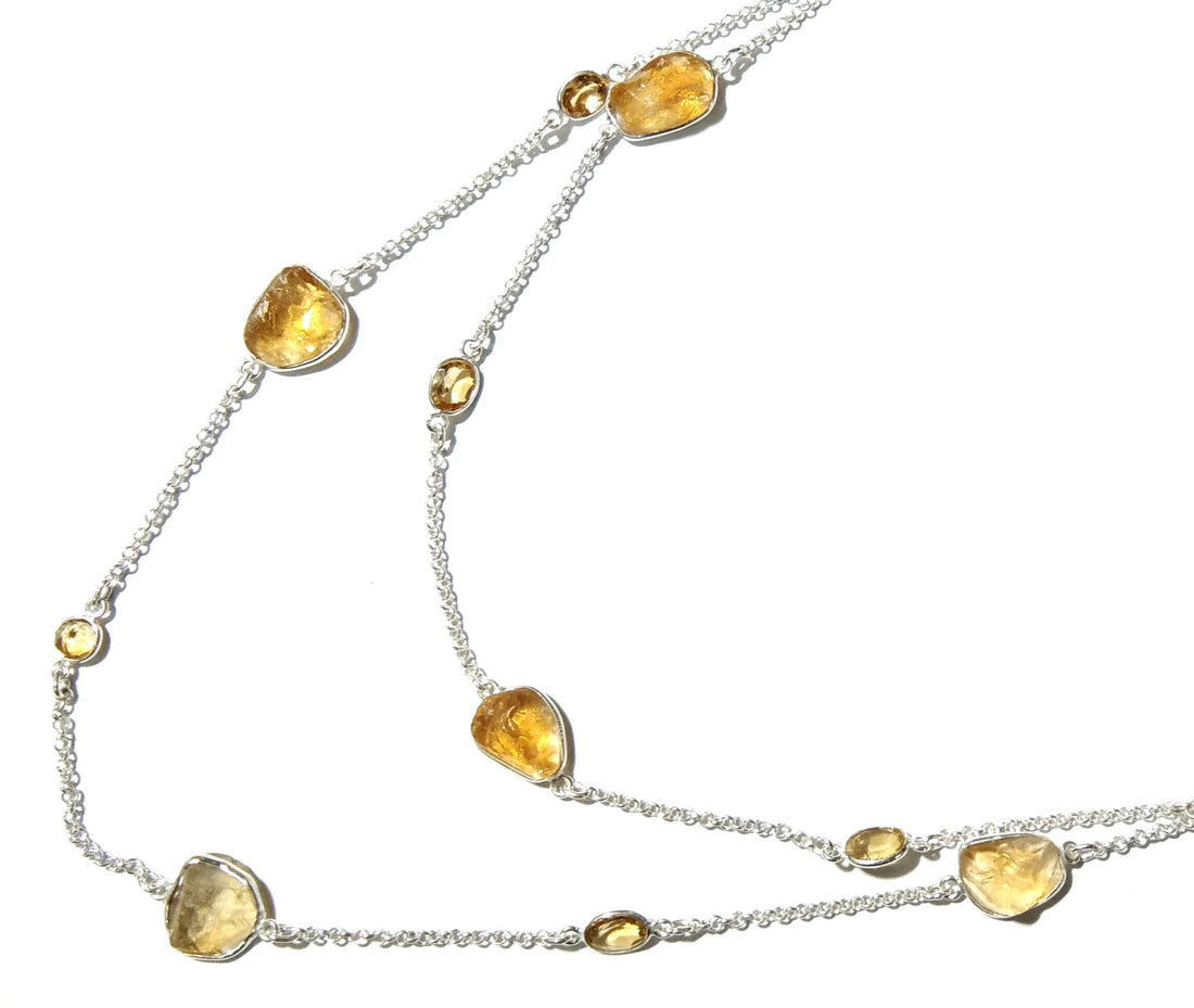 Beautiful Log Chain Necklace Natural Citrine Faceted & Rough Stone Bezel Necklace Chain 925 Starling Silver Chain Necklace Length 36 inche