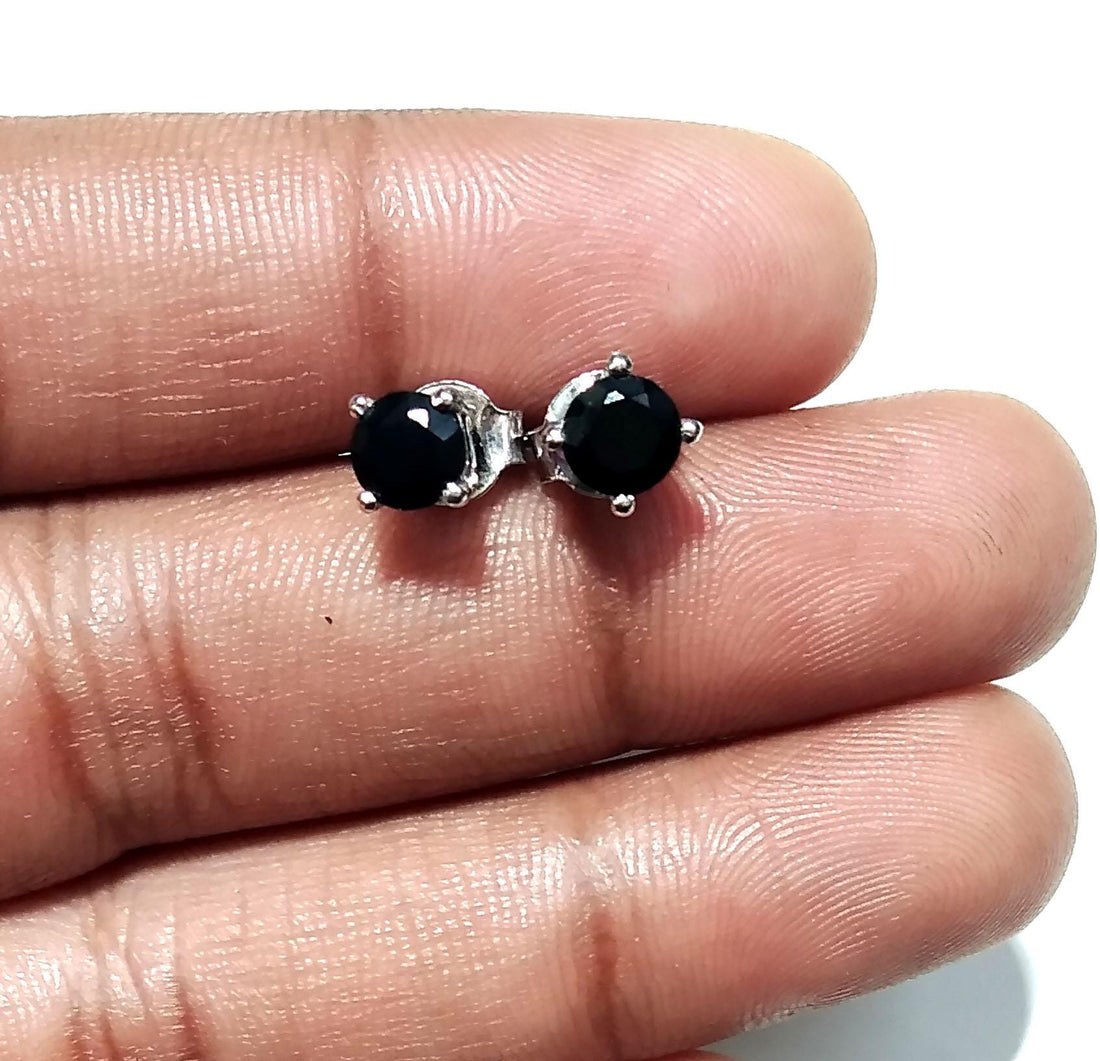 Black Onyx Stud Earrings, 925 Solid Starling Silver Earring, Amazing Natural Black Onyx Faceted Round Shape Stone Size 5x5 mm Christmas Gift