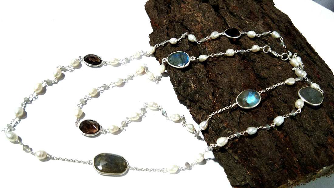 36'' Inch Log Beaded Necklace ! Lebradorite Necklace With Pearl & Smoky Quartz, 925 Sterling Silver Jewelry, Handmade Beaded Necklace.