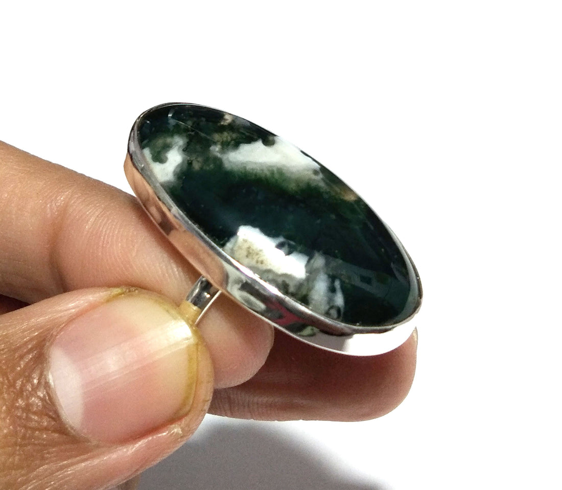 A+++ Natural Moss Agate Gemstone Ring, 925 Solid Sterling Silver Ring Green Moss Agate Stone Size 35x19 mm Handmade Gift Mother’s day Ring