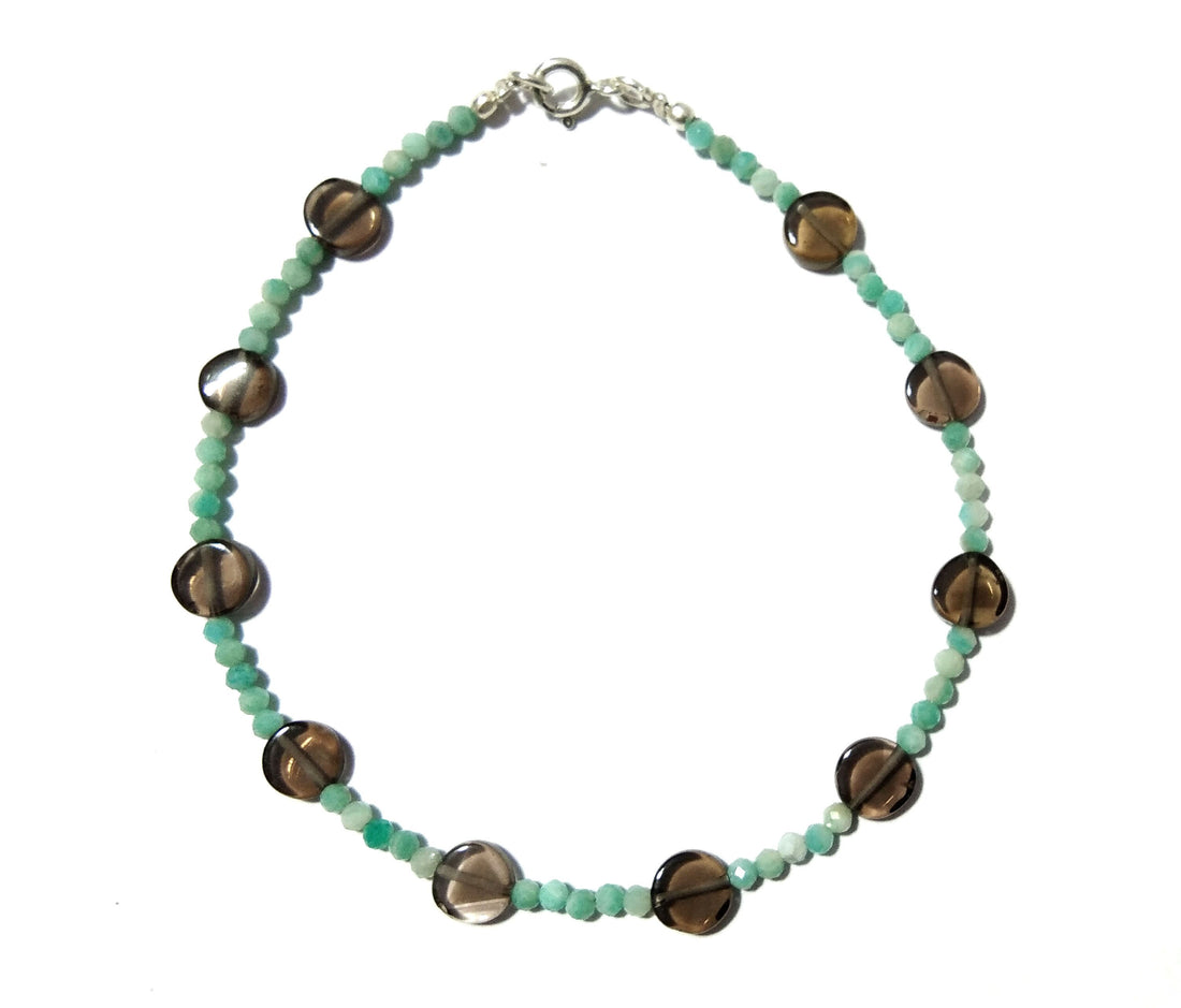 925 Silver Bracelet, With Natural Amazonite & Smoky Quartz Bracelet, Gifts For Her, Boho Dainty Minimalist, Women Bracelet, Tiny Bracelet
