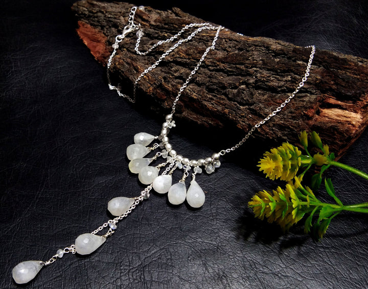 Natural Rainbow Moonstone Drop's Gemstone Chain Necklace, Solid 925 Starling Silver Chain Necklace, Moonstone Gift Necklace, Girls & Women
