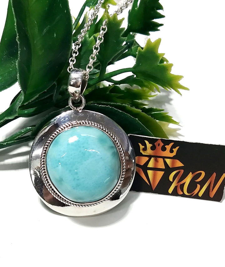 Larimar Chain Pendant Necklace, 925 Sterling Silver Pendant, Silver Designer Handmade Pendant, Marbled Round Shape Larimar Gemstone Pendant