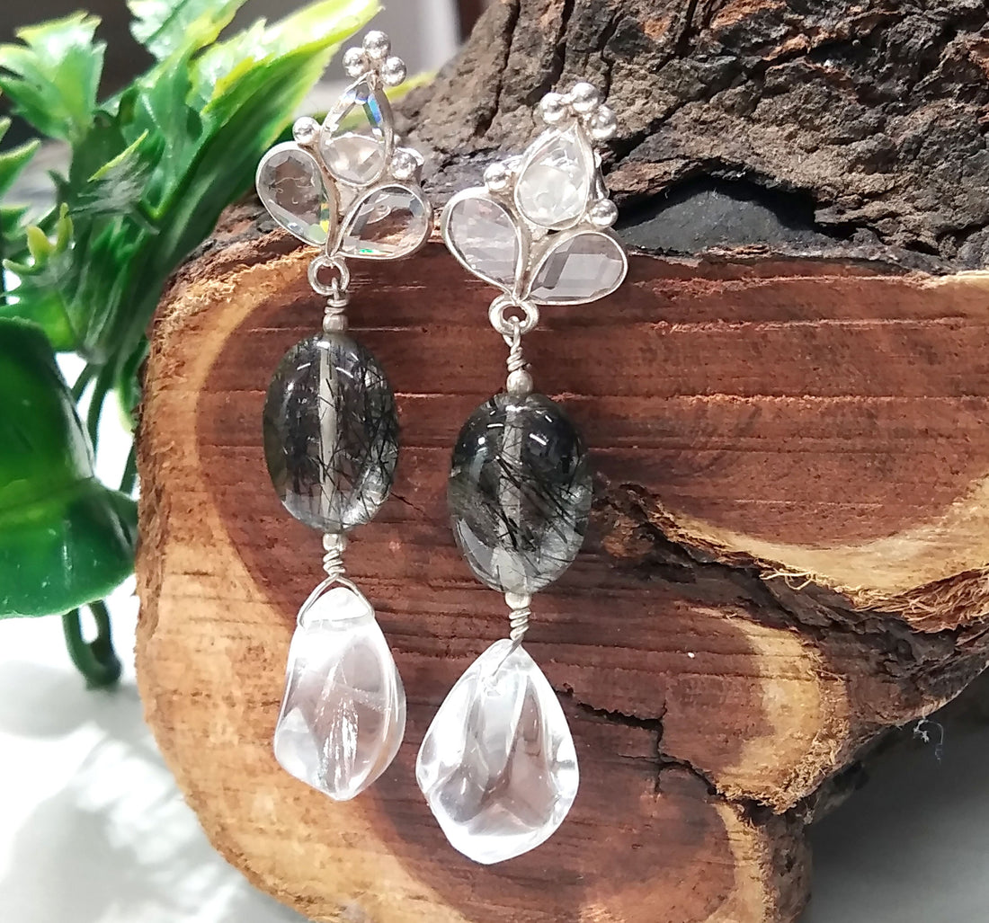 Rutile Quartz/Zircon And Crystal Gemstone Earrings ! 925 Silver With Natural Gemstone Zircon Faceted & Rutile Quartz Earring