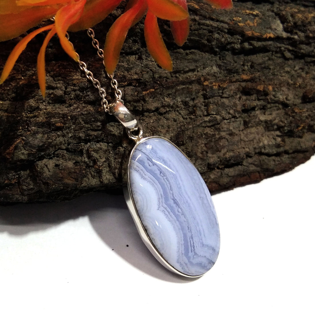 Natural Blue Lace Agate Gemstone Pendant Necklace Chain, 925 Starling Silver Pendant Necklace, Handmade Jewelry Stone Size 33x18 mm Pendant