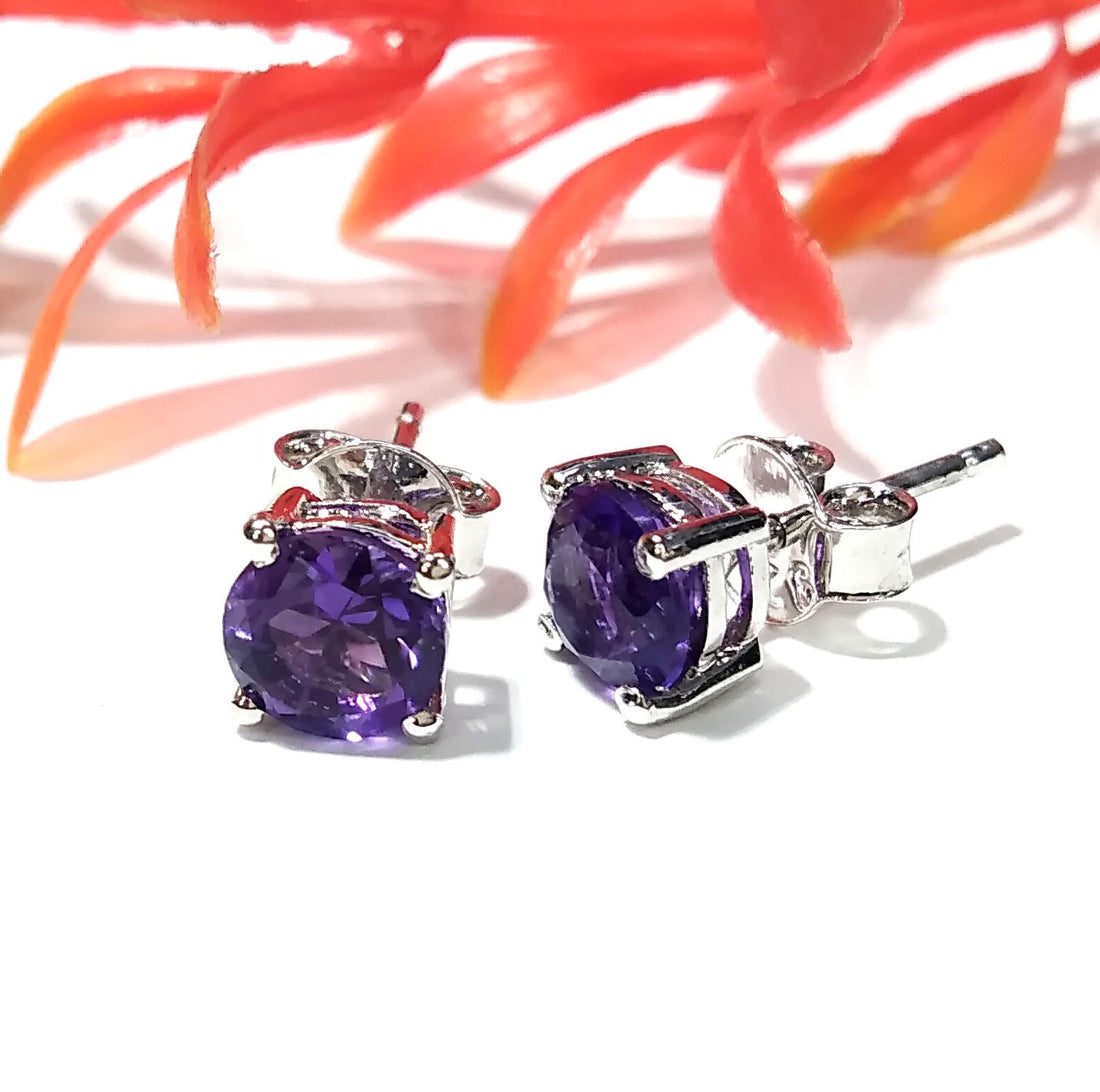 Amethyst Stud Earrings, 925 Solid Starling Silver Earring Jewelry, Natural Amethyst Gemstone Round Shape Stone Size 6x6 mm Gift For Women.