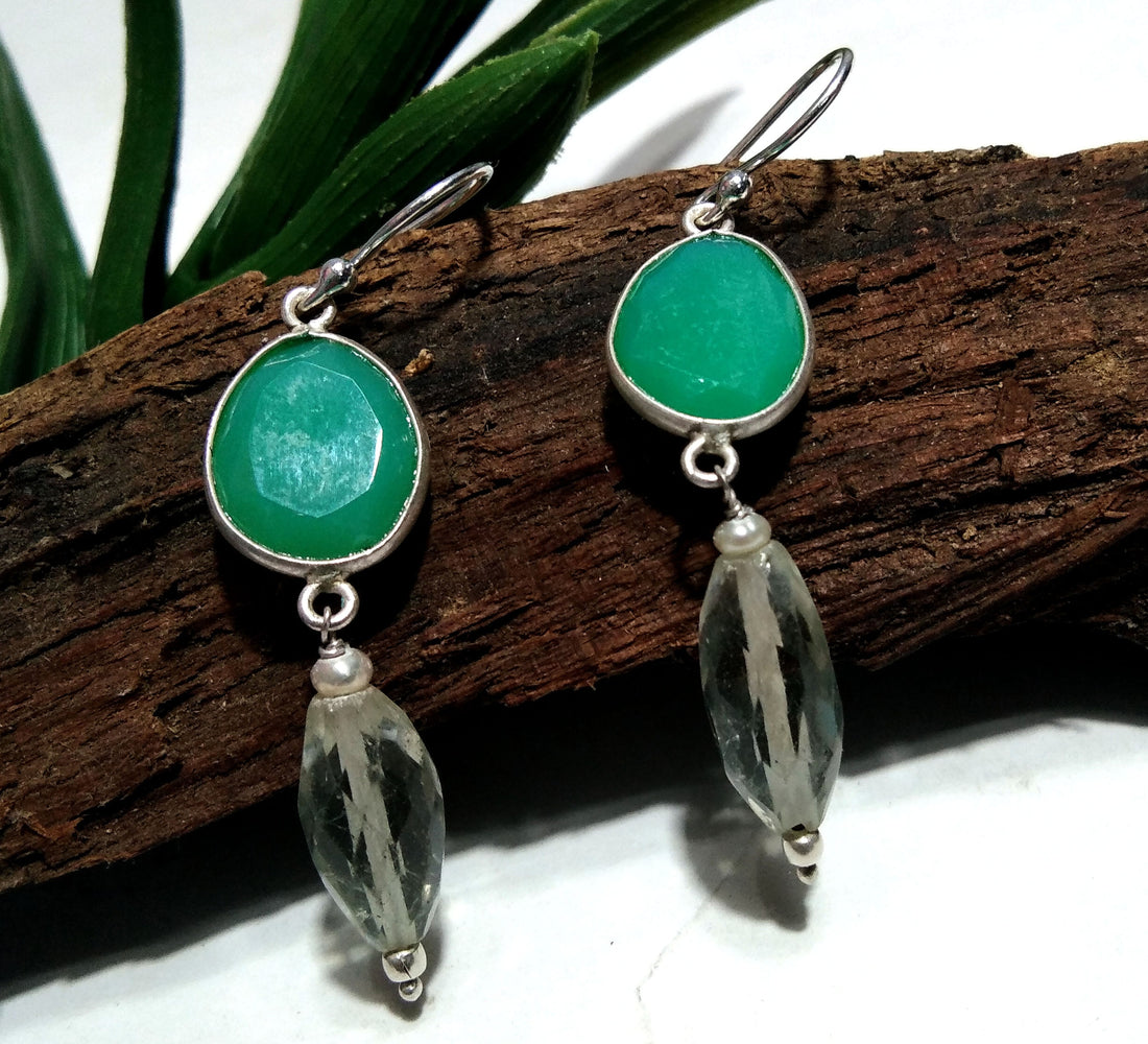 Beautiful Earring ! Natural Gemstone Green Amethyst & Cryso Onyx Earring, 925 Starling Silver Handmade Jewelry Earring, Gift For Girls/Women