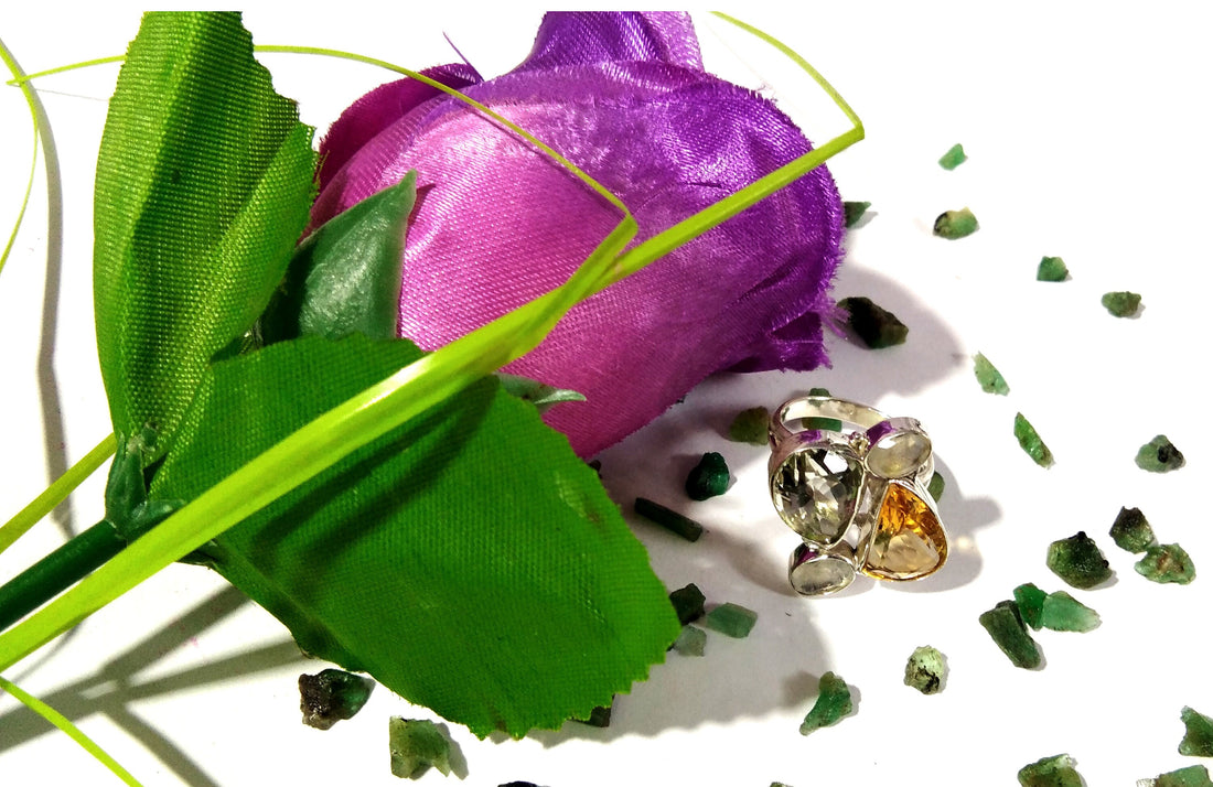 Green Amethyst, Citrine & Rainbow Moonstone Rings, 925 Sterling Silver Jewelry, Multi Natural Gemstone Ring, Handmade Jewelry