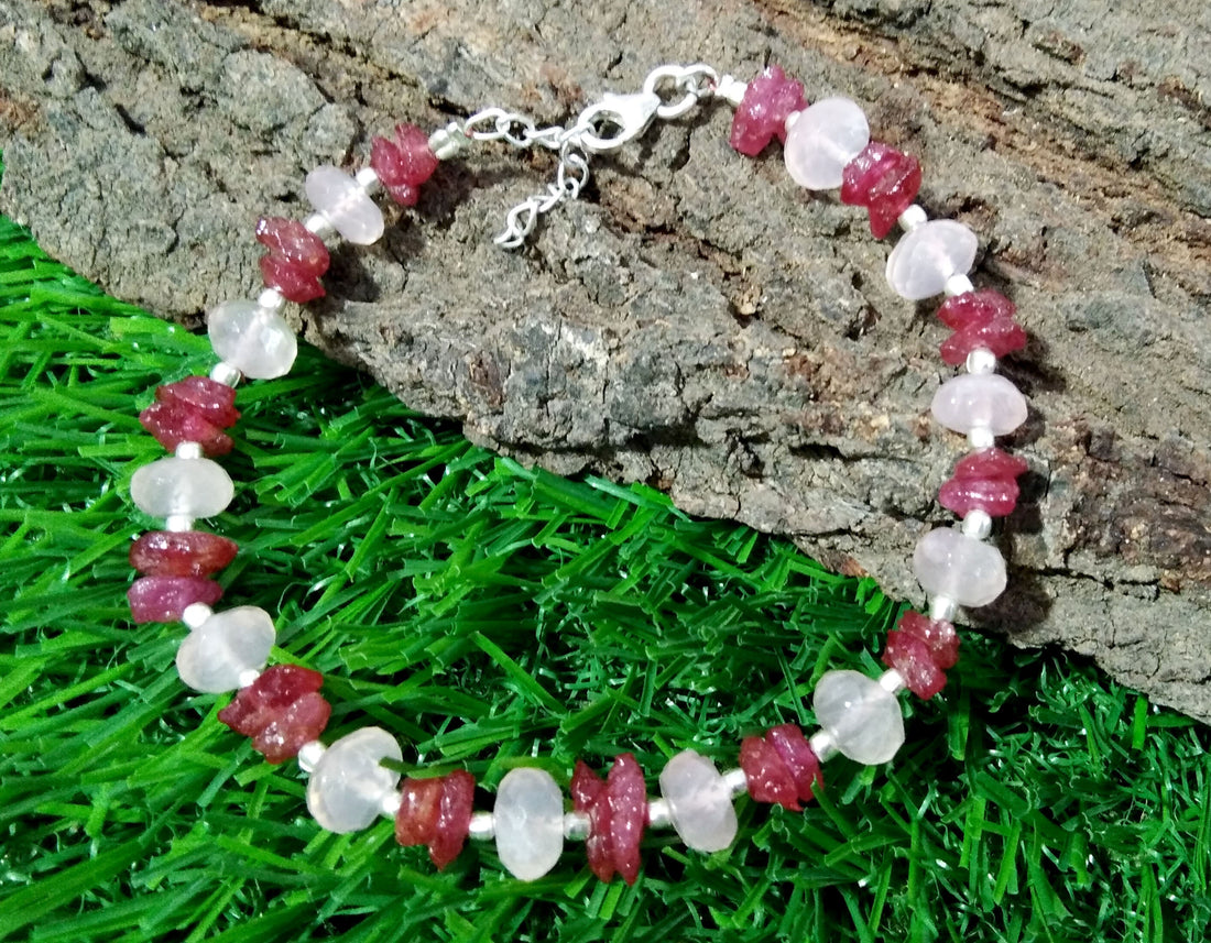Natural Gemstone Ruby & Rose Quartz Bracelet, Healing Crystal Stone Beaded Bracelet, Bridesmaid Gift, Friendship Bracelet 925 Silver Jewelry