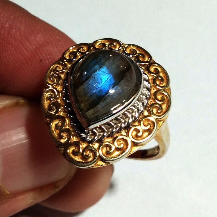 Natural Labradorite Blue Fire Stone Ring, 925 Solid Starling Silver Gold Plated Ring Jewelry Pear Shape Stone Size 12x10 mm Gift for Ring