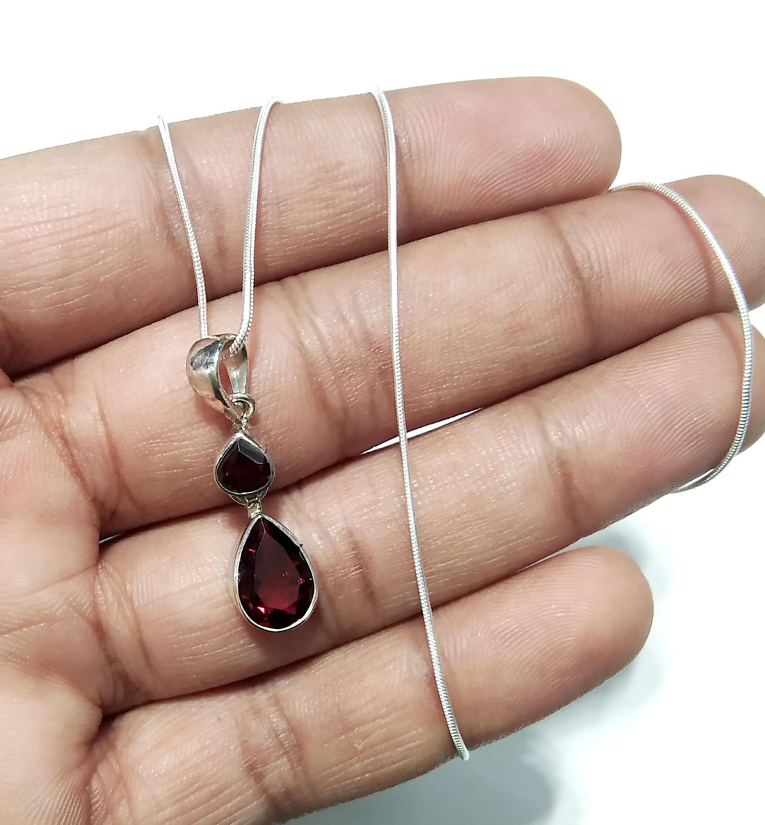Natural Garnet Faceted Stone Chain Pendant Necklace, 925 Sterling Silver Beautiful Design Nice Color Garnet Gemstone Pendant, Gift For Her