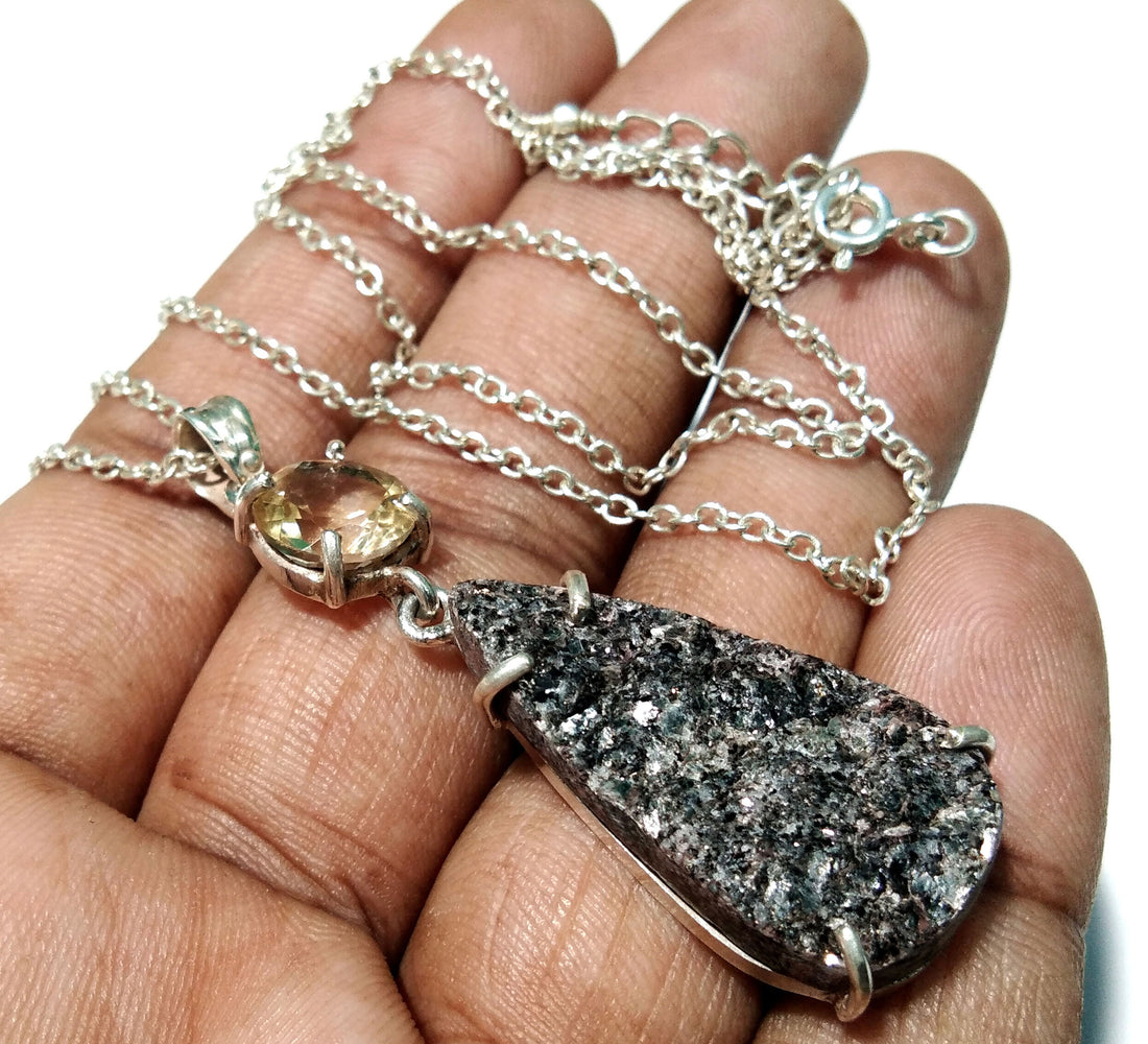 Natural Black Silver Mica Druzy/Citrine Gemstone Chain Pendant Necklace,  925 Starling Silver Jewelry Druzy Stone Pendant For Gift Pendant