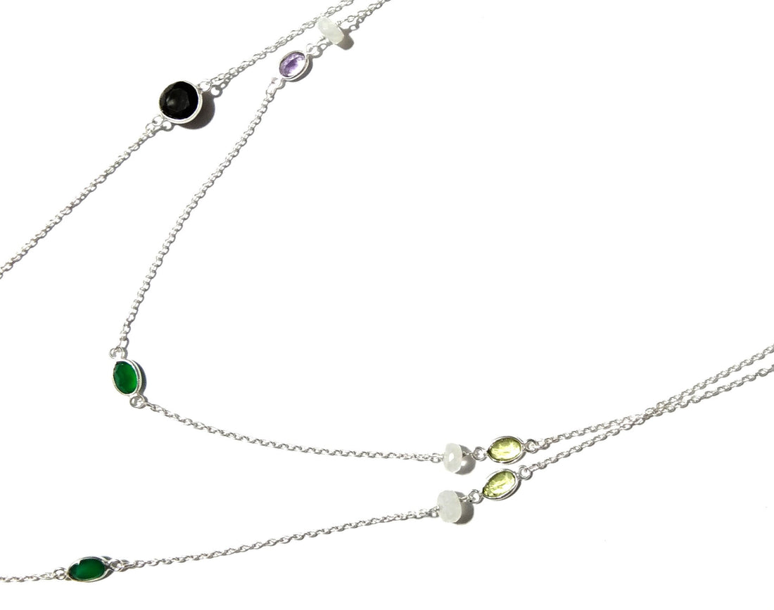 Beautiful Nice Multi Stone Beaded Log Necklace ! Natural Gemstone With 925 Starling Silver Necklace For Girls,Women Necklace Length 36 inch.