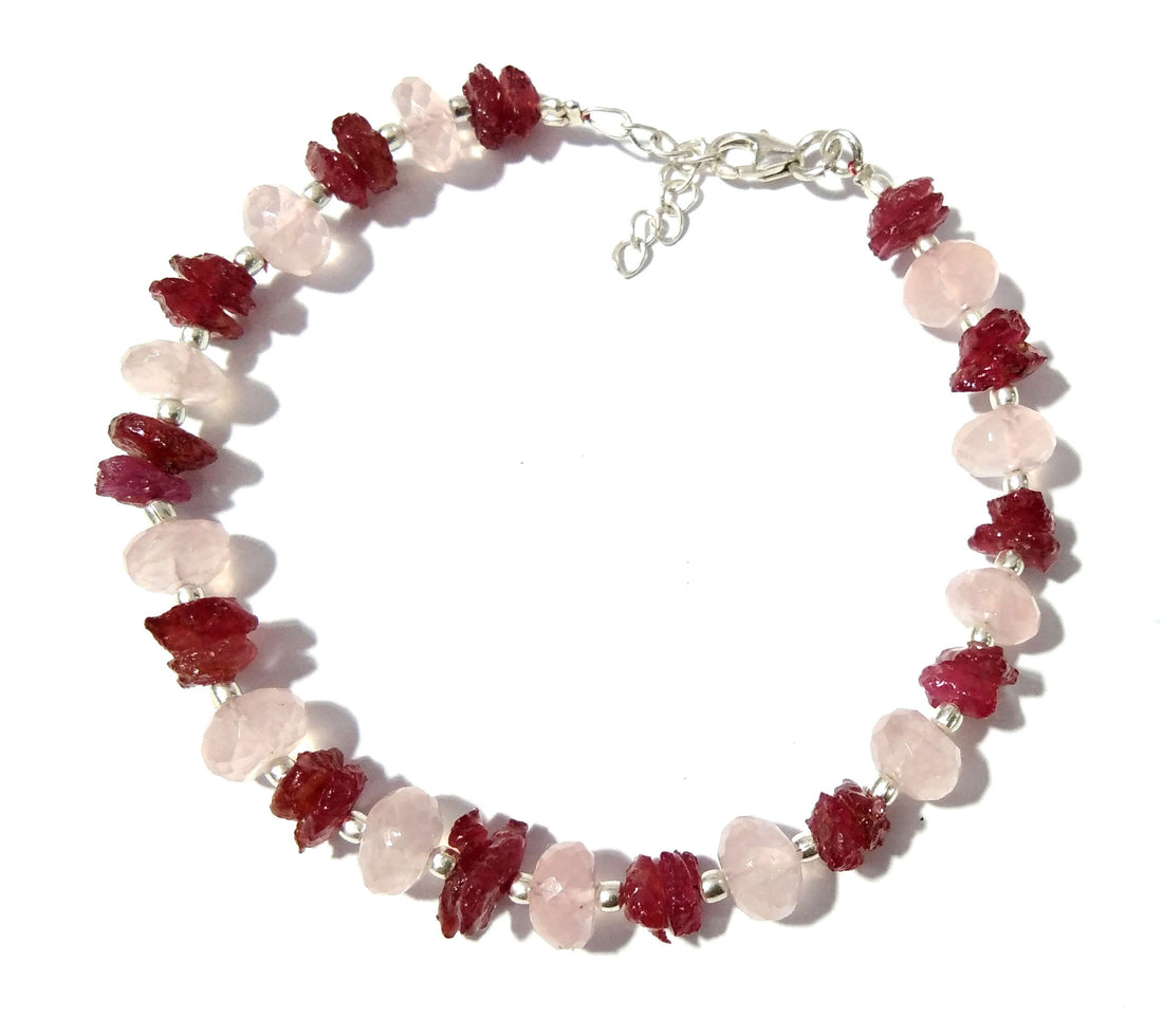 Natural Gemstone Ruby & Rose Quartz Bracelet, Healing Crystal Stone Beaded Bracelet, Bridesmaid Gift, Friendship Bracelet 925 Silver Jewelry