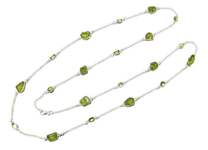 Log Chain Necklace Peridot Rough & Faceted Stone Chain Necklace, 925 Sterling Silver Bezel Setting Long 36" inch Chain Necklace Birthstone