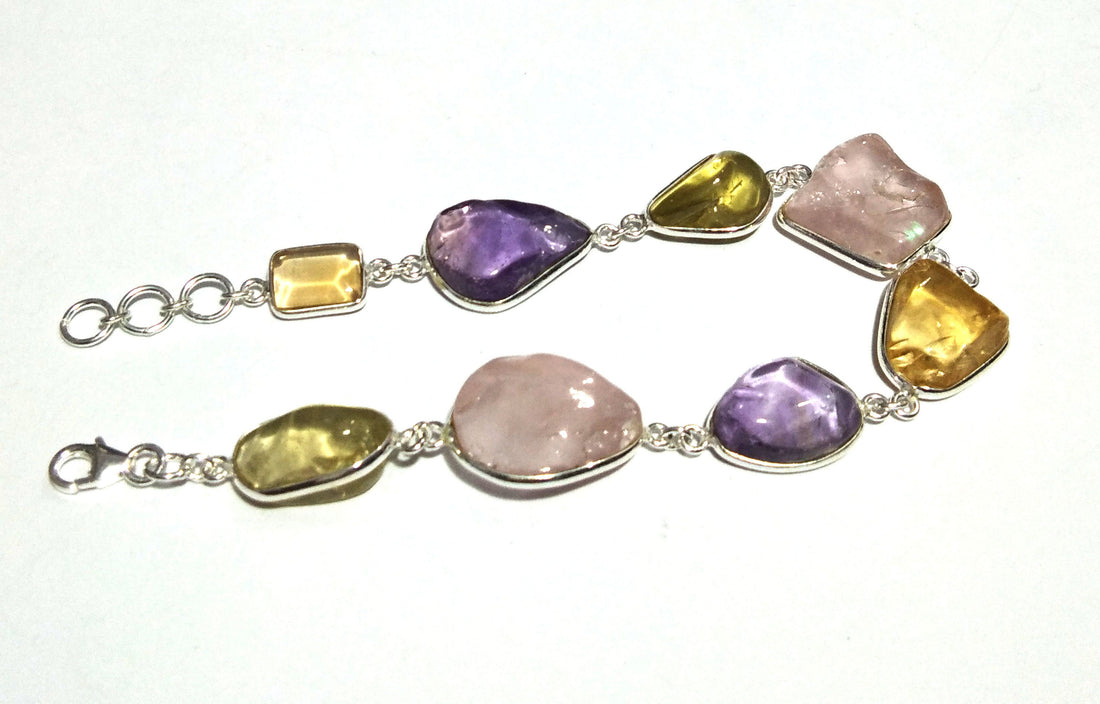 Natural Amethyst/Rose Quartz/Lemon Quartz Tumbled Stone Bracelet, 925 Sterling Silver Bracelet, 8 inches Multi Color Stone Wedding Bracelet