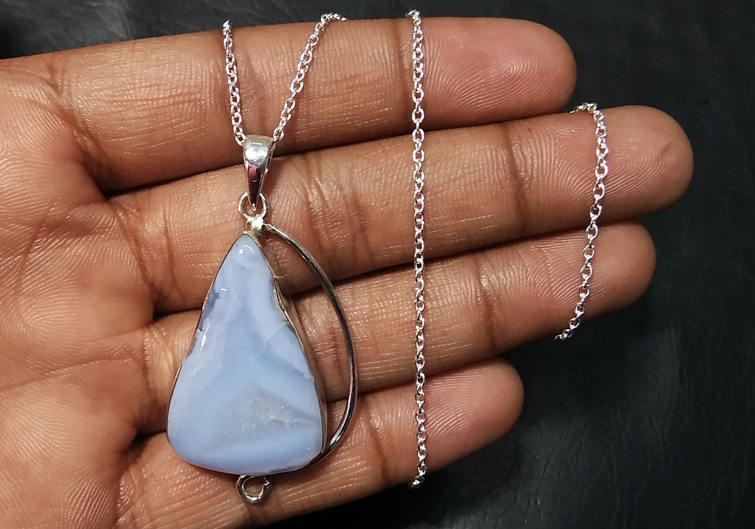 Natural Blue Lace Agate Gemstone Pendant Chain Necklace, 925 Sterling Silver Pendant, Silver Designer Handmade Pendant, Gift Birthday Stone