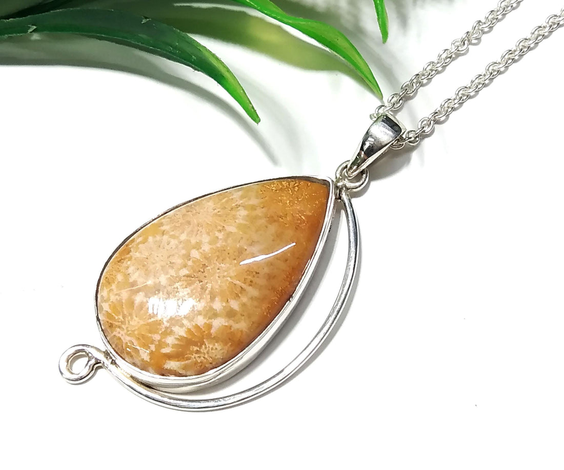 Good Quality Nature Fossil Coral Gemstone Pendant Chain Necklace With 925 Sterling Silver Pendant, Stylish Design Pendant, For Girls & Women