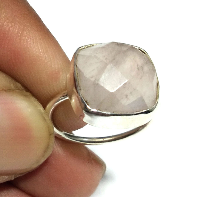 Natural Rose Quartz Rose Cut Gemstone Ring, 925 Solid Starling Silver Ring Jewelry Stone Size 12x12 mm Top Color Pink Rose Stone Gift Ring