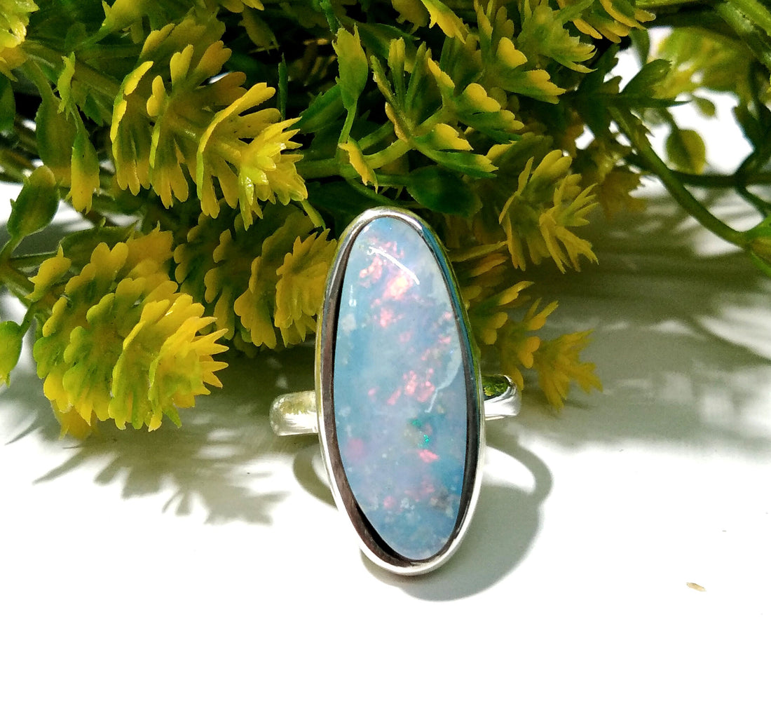 Australian Opal Doublet Multi Fire Ring, Solid 925 Starling Silver Ring, Jewelry Fancy Shape Stone Size 24x9 mm Opal Ring, Cabochon Rings