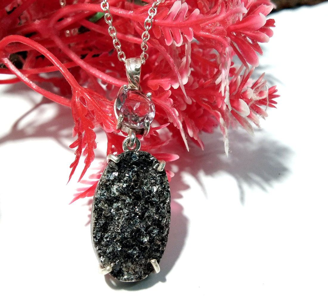 Natural Black Silver Mica Druzy/Faceted Amethyst Gemstone Chain Pendant Necklace, 925 Starling Silver Pendant Handmade Jewelry Birthday Gift