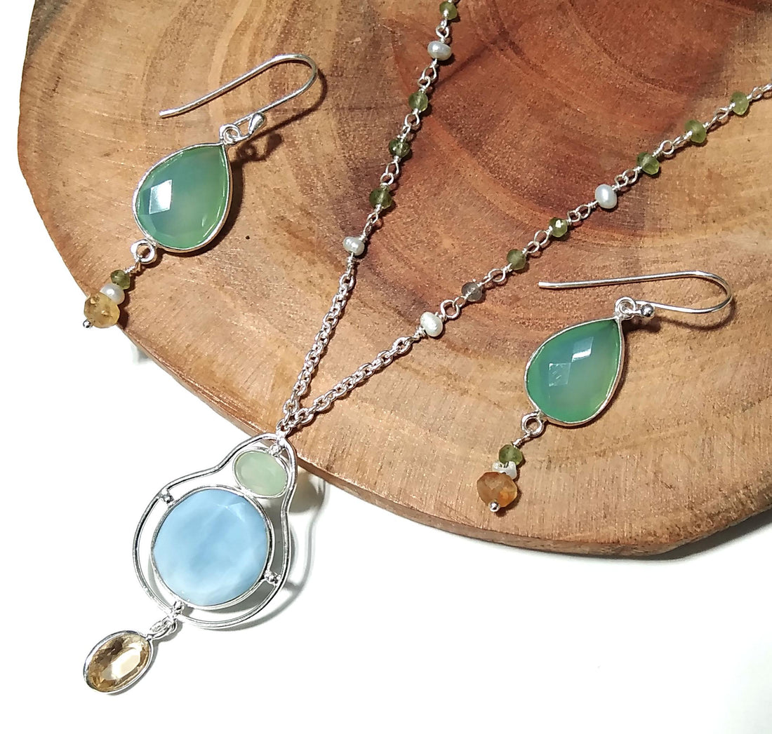 Natural Blue Opal,Chrysoprase,Citrine Gemstone Necklace Earring Jewelry Set, 925 Sterling Silver Necklace Earring Jewelry, Gift For Women.